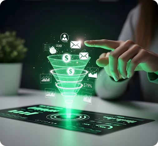 Interactive sales funnel visualization with lead metrics and performance data on a digital dashboard